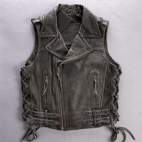 

men's vests real cowhide biker waistcoat lapel zipper rope adjustable genuine leather vest punk style motorcycle sleeveless jacket, Black;white