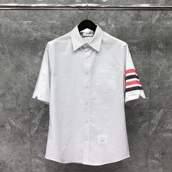 

men's casual shirts 2021 fashion brand men white red black striped short shirt turn down collar oxford solid clothing, White;black