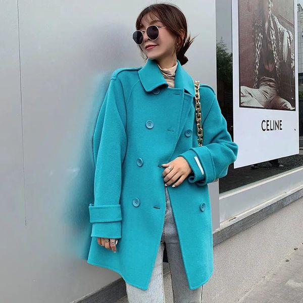 

women's wool & blends woolen coat midi fall winter temperament large size loose double-breasted fresh blue short trendy warm, Black