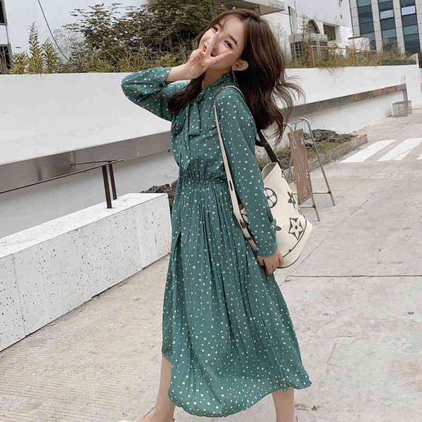 

dresses new bow-neck polka dots female full sleeve elastic waist chiffon pleated women dress 2021 autumn midi vestidos femme dq70, Black;gray