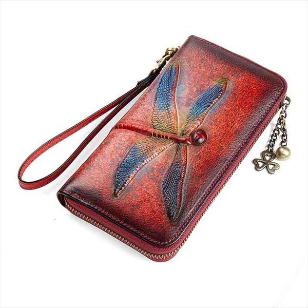 

retro handmade embossing genuine leather hand wallet vintage dragonfly womens long, Red;black
