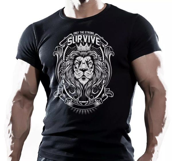

ONLY STRONG LION TRAINING MENS BODYBUILDING T-Shirt MMA WORKOUT CLOTHING TOP, White;black