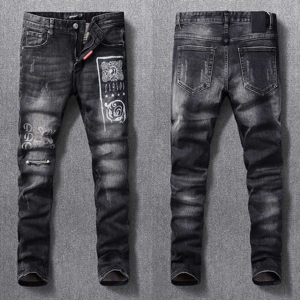 

men's jeans high street fashion retro black elastic slim fit ripped printed designer destroyed hip hop denim punk pants tbvr, Blue