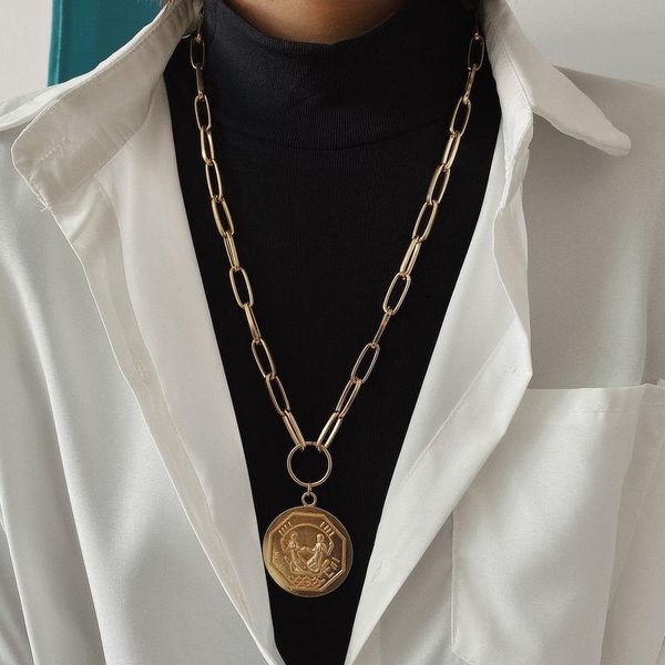 

pendant necklaces pjx vintage coin portrait with cable chain necklace geometric punk jewelry sweater, Silver