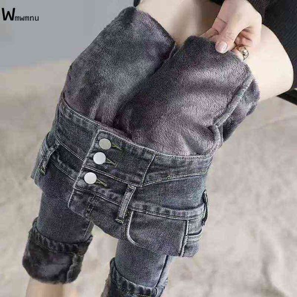 

winter selling thicken velvet skinny jeans women streetwear high waist warm leggings pants casual slim stretch denim trouser 211129, Blue