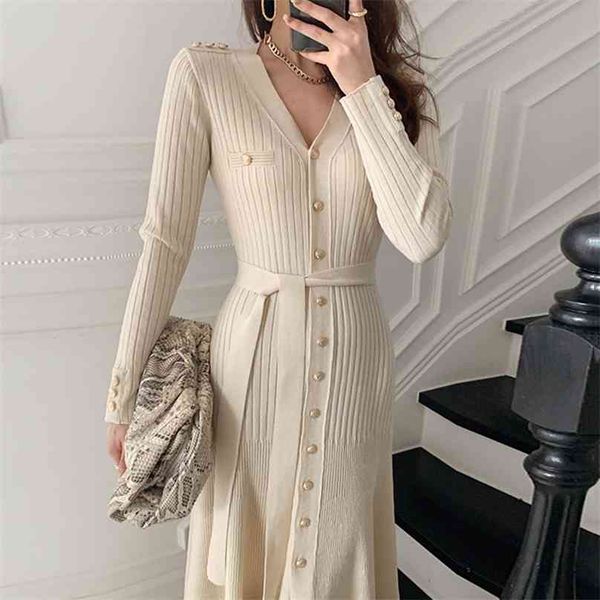 

chic elegant knitted dress woman single-breasted apricot v-neck high waist es clothing business autumn 210603, Black;gray