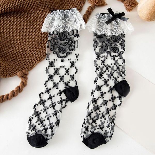 

socks & hosiery women lolita gothic thin crystal fiber ankle sweet ruffle lace bowknot vintage plaid floral jacquard harajuku summer ., Black;white