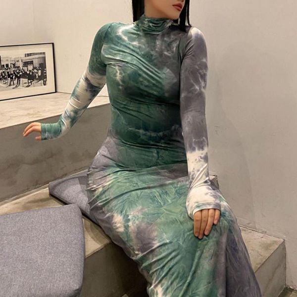 

casual dresses tie dye print turtleneck long dress women high split maxi sleeve celebrity female club party, Black;gray