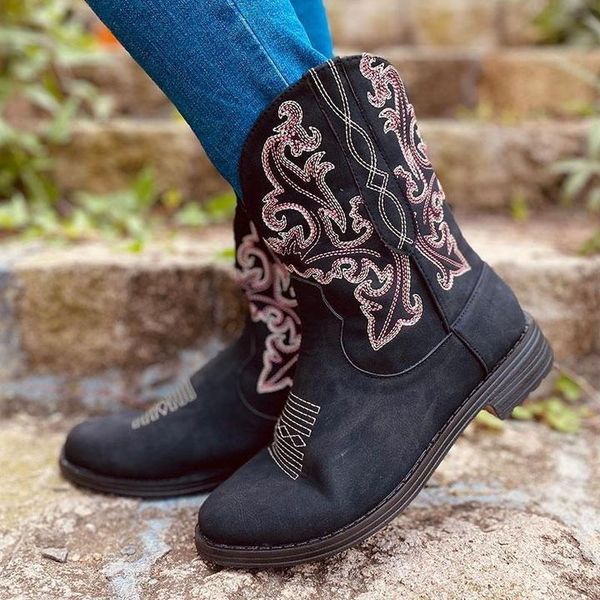 

boots ladies vintage embroidered women`s round toe, Black