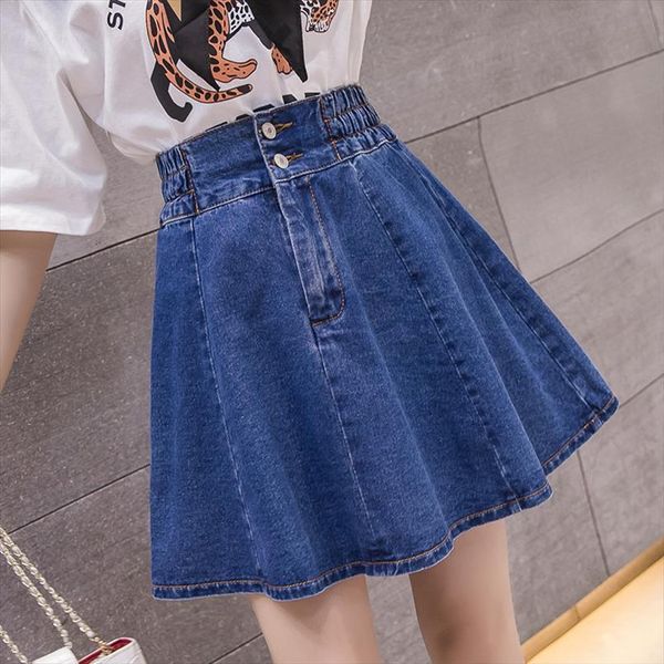 

summer mini denim elastic womens skirt high waist a line pleated fashion kawaii preppy girl jeans, Black
