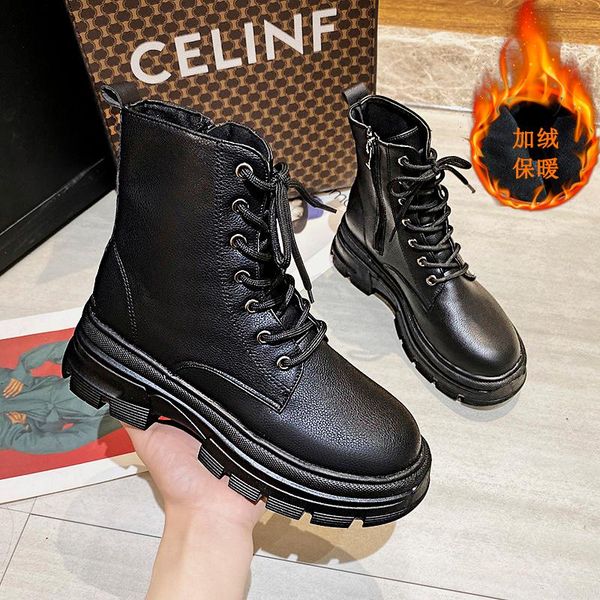 

boots women army combat ankle woman lace up shoes gothic sock platform leather chunky heels fashion botas mujer, Black