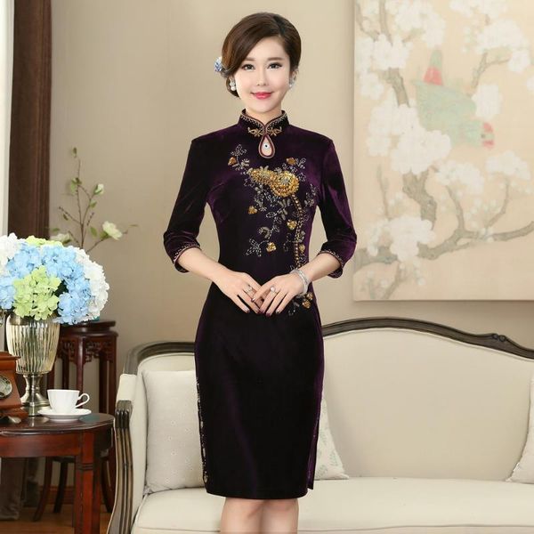

chinese traditional velvet dress women's middle-sleeves cheongsam ethnic clothing, Red