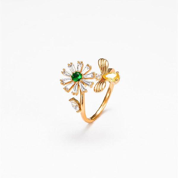 

cluster rings 2021 flower rotating ring copper plated 24k gold inlaid zircon female gift jewelry, Golden;silver