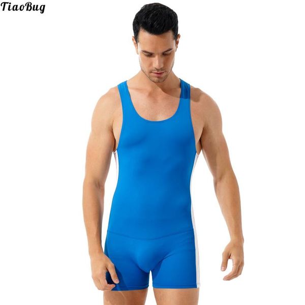 

men's swimwear tiaobug men contrast color stripe athletic wrestling skinny jumpsuit stretchy leotard round neck sleeveless sport bodysu