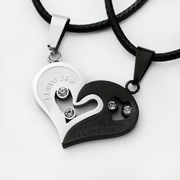 

pendant necklaces 2pc couple heart shape double color leather cord stainless steel necklace fashion accessories lovers jewelry gift, Silver