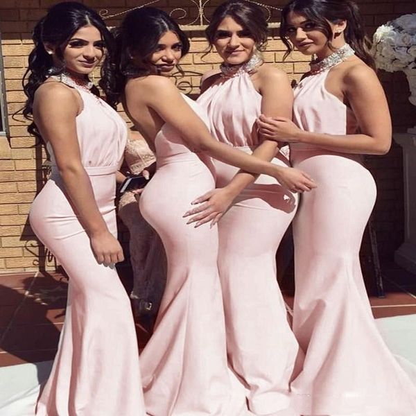 

simple mermaid bridesmaid dress halter sleeveless long bridesmaids sweep train custom made prom dress, White;pink