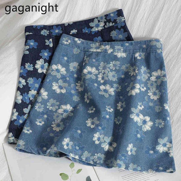 Gaganight Denim Rock Damen Hohe Taille A-Linie Mini Wrap Röcke Frauen Sommer Floral Bedruckte Blaue Jeans Rock Mode Koreanische 210519