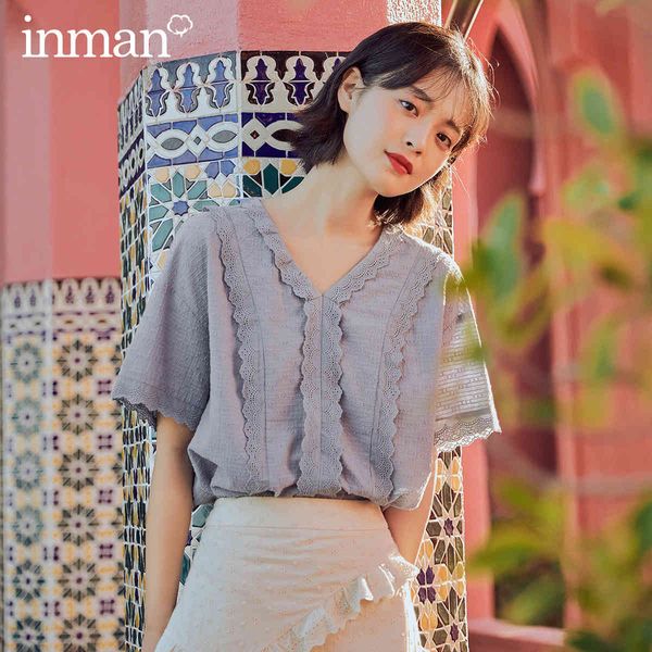 

blouses summer pure and fresh splicing embroidered v-neck short sleeve blouse ow9d, White