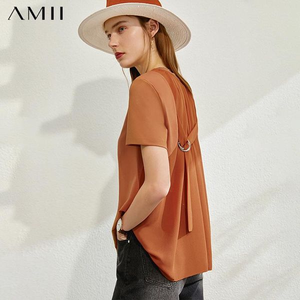 

women's t-shirt amii minimalism spring summer fashion design pleated loose women blouse causal oneck solid female tshirt 12070235, White