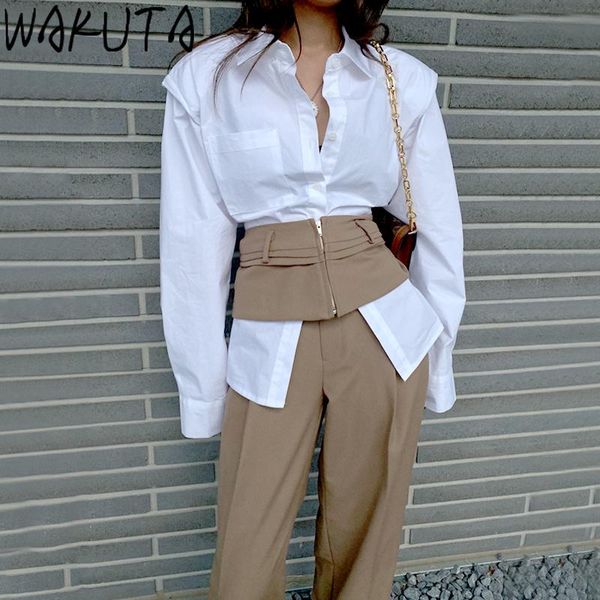 

women's two piece pants wakuta ladies elegant shoulder padding shirt with waist belted+high office 3 set vintage fashion suit, White