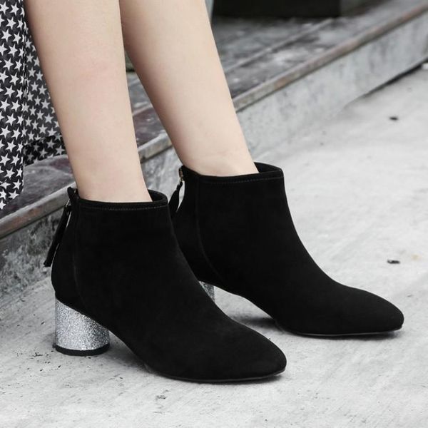 

boots big size 9 10 11 12 round-headed sequined round-heeled zipper suede, Black