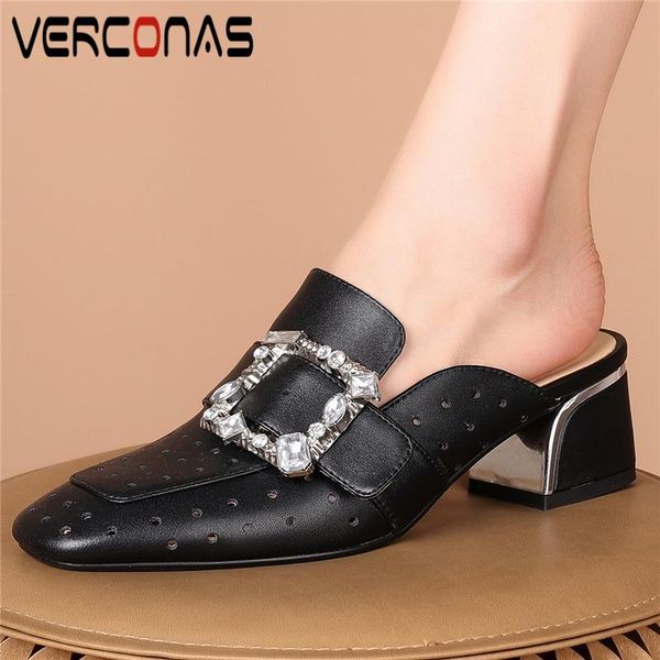 

sandals verconas rhinestone square toe mules women summer hollow genuine leather slippers casual thick heels shoes woman, Black