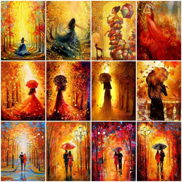 

diamond painting huacan 5d diy autumn fallen leaves embroidery mosaic woman cross stitch landscape art