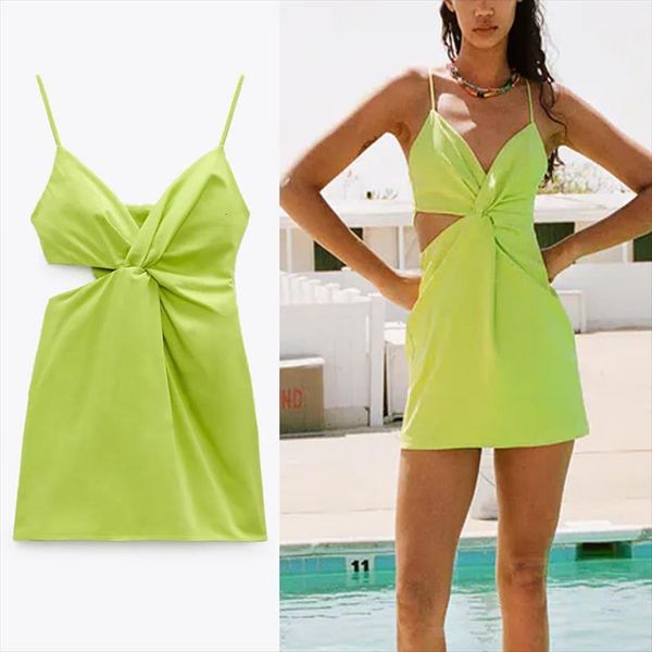 

za cut out women dresses mini summer sleeveless backless ruching straps sundress chic front knot woman beach, Black;gray