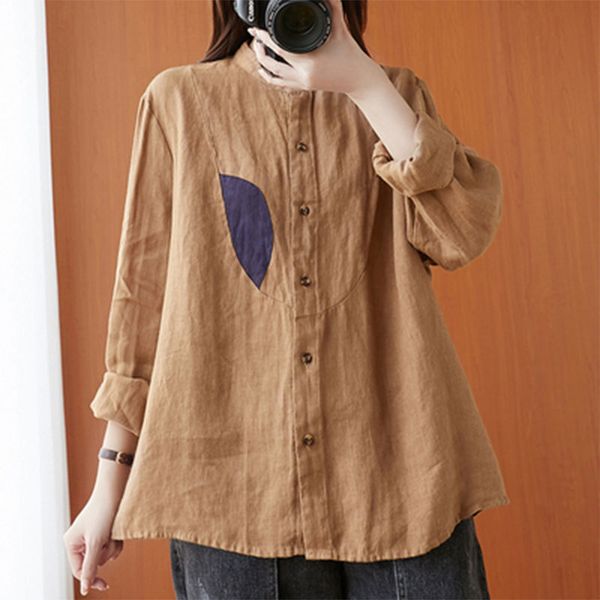 

t shirts autumn arts style women long sleeve loose shirts turn-down collar cotton linen patchwork vintage blouses plus size m507 o2o6, White