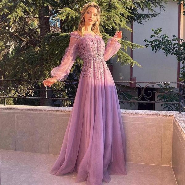 

lavender evening dress a-line boat neck full lantern sleeve ruched sequined beads floor length purple prom party gown dresses, White;black