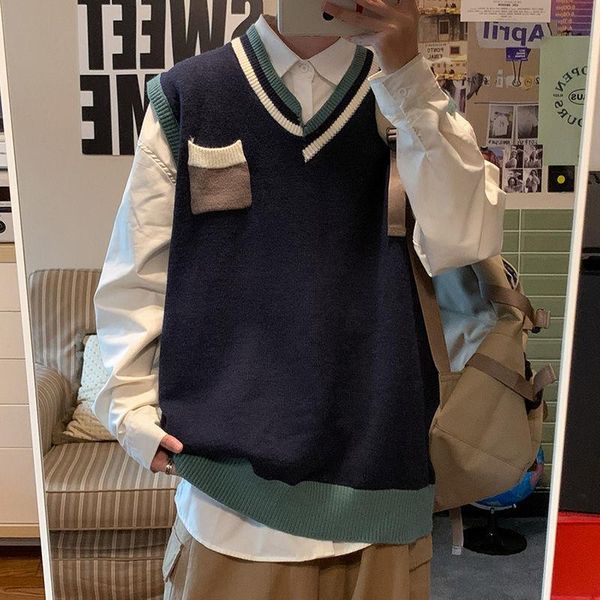 

men's vests irregular vest sweater mens classic sleeveless knitted contrast pocket college pullover sweaters spring autumn male clothe, Black;white