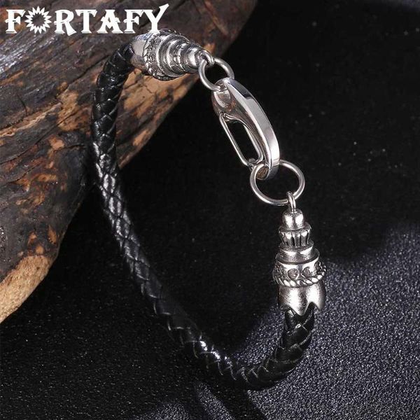 

charm bracelets fortafy vintage black braided leather bracelet men stainless steel clasp handmade wristband women jewelry bangles gifts fr10, Golden;silver