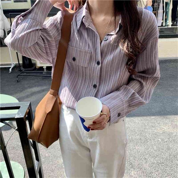 

women's blouses & shirts casual striped vintage all match stylish femme lapel geometric chic loose high street clothe new, White