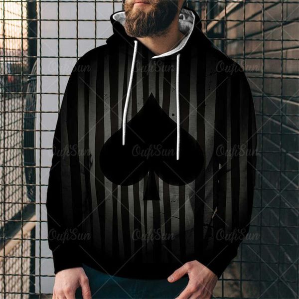

men's hoodies & sweatshirts spades poker print round neck pocket elastic hoodie men long sleeve loose breathable pullover drawstring ad, Black