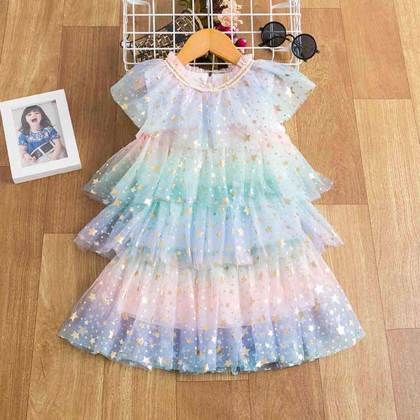 

classic sequins star petal sleeves layered dress 3-8 years birthday party princess vestidos kids dresses for girls casual clothes, Red;yellow