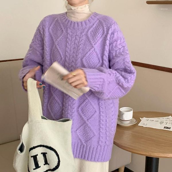 

women's sweaters sweater 2021 autumn and winter retro hong kong style solid color loose pullover thick knitted twist x024, White;black