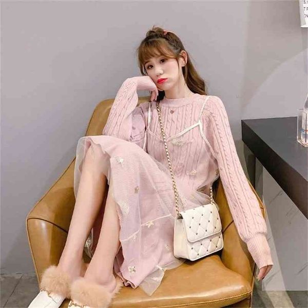 

korean version of the long knee sweater women's lazy wind autumn and winter base knitted dress students 210427, White;black