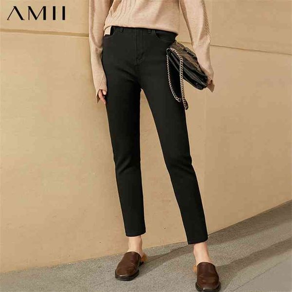 

minimalism winter women's jeans fashion simple high waist fleece thick for women causal female pants 1378 210527, Black;white
