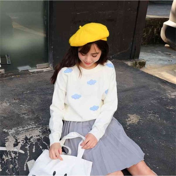 

winter loose college wind clouds warm female long sleeve sweaters 210914, White;black