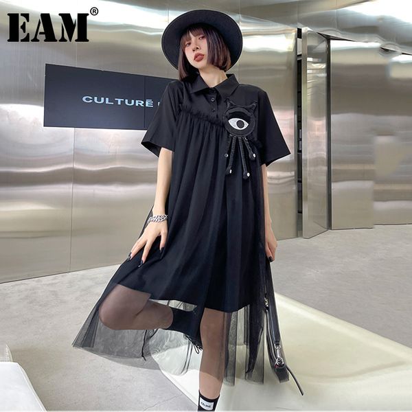 

[eam] women black big size casual spliced mesh dress lapel short sleeve loose fit fashion spring summer 1dd8575 21512, Black;gray