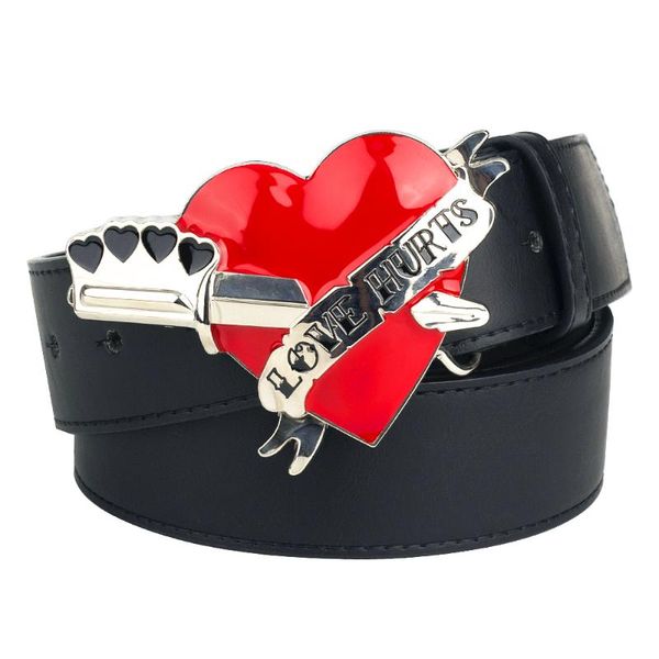 

belts novelty belt red heart buckle decorative waistband love hurts letter leather for women & man gift, Black;brown