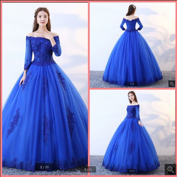 

robe de soiree royal blue tulle modest ball gown prom dresses lace appliques off the shoulder 3/4 sleeve vintage party dress sweet 16 saudi, Black
