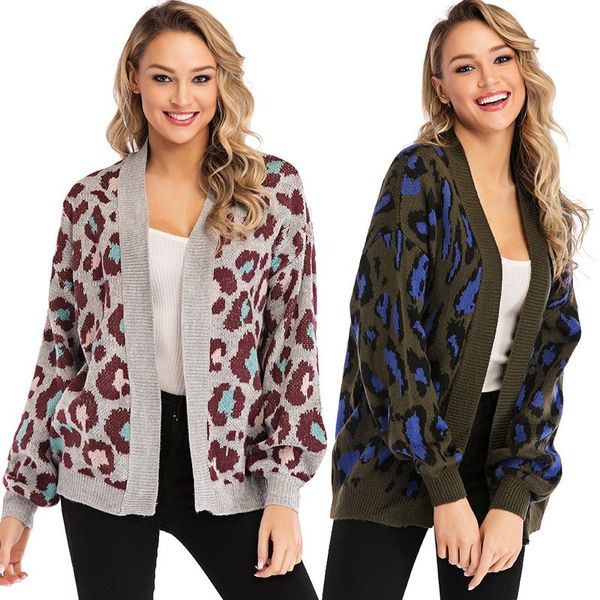 

women's trench coats leopard print ladies knitted cardigan female casual jumper 2021 autumn winter oversized women sweater wld772, Tan;black