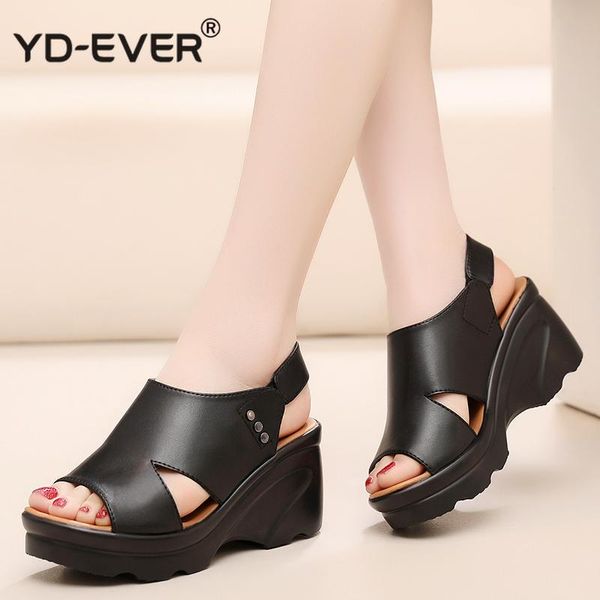 

dress shoes women's sandals plus size 33-43 summer open toe leather ladies shoe women platform 6cm heels female, Black