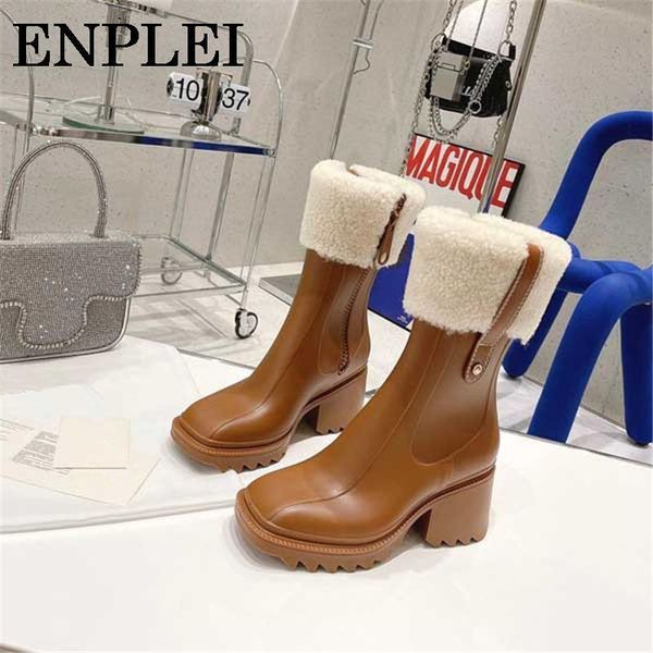 

boots enplei women ankle pvc rain wool keep warm increasing short thick sole motorcycle for size 35~40, Black