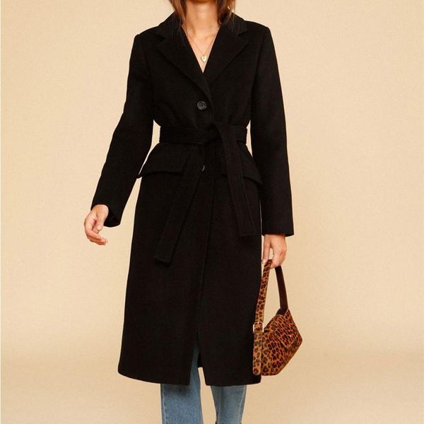 

women's wool & blends women woolen black coat single breasted lace-up long sleeve 2021 autumn winter lady mid-length jackets with sashe