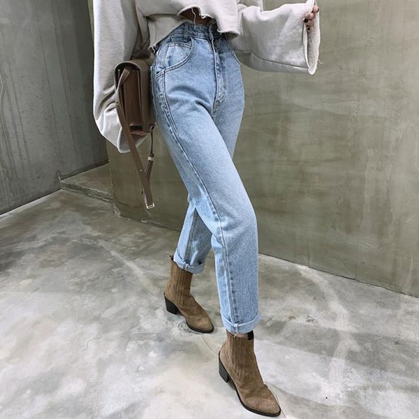 

women's jeans 2021 washed blue straight leg street loose button zipper pants basic all match boyfriend streetwear