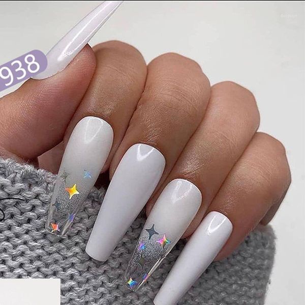 

24pcs/set long coffin fake nails laser white star decal full cover ballerina nail art tips with glue artificial fingernail tools1, Red;gold