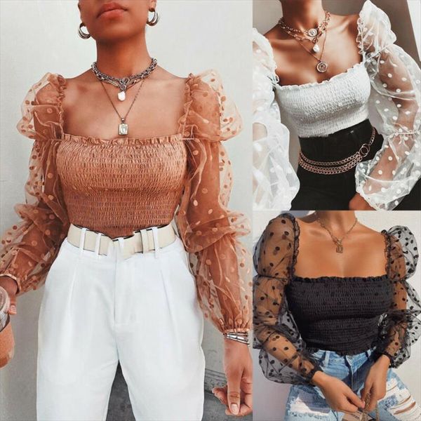 

wrinkled backless mesh sheer womens shirt puff sleeve wrap chest spring summer ladies dots, White