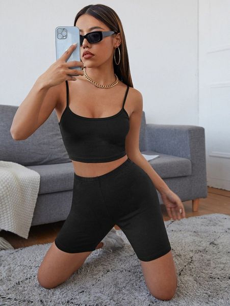 

crop solid cami & biker shorts set y5kt#, White